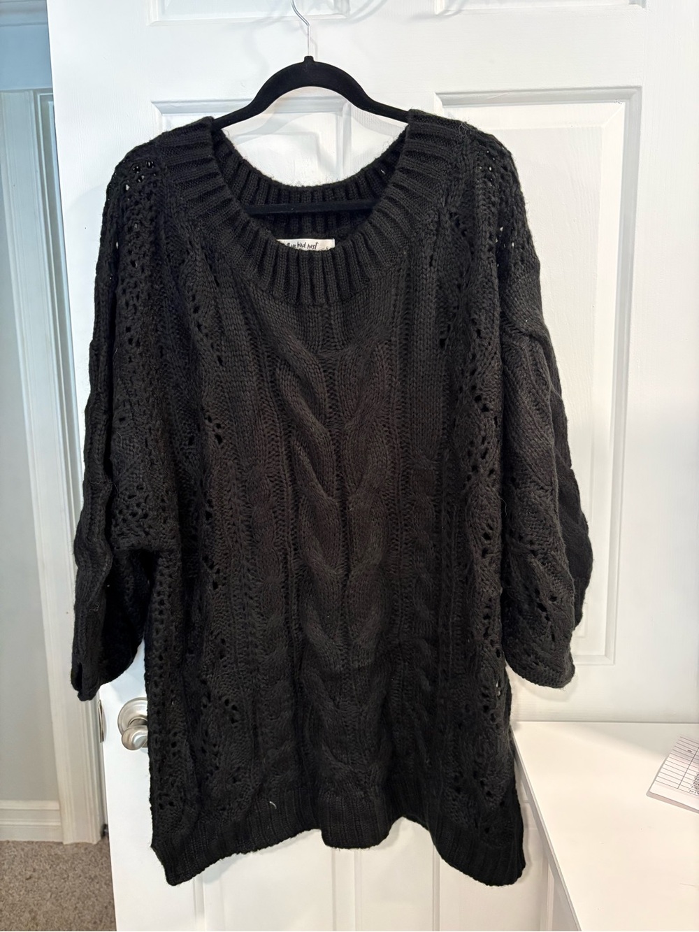 Three Bird Nest Black Cable Knit Boho Scoop Neck Sweater